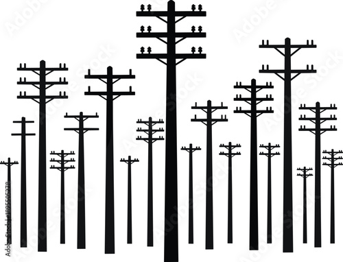 An expansive array of black utility poles in silhouette forms a compelling visual pattern against a bright white background highlighting connectivity