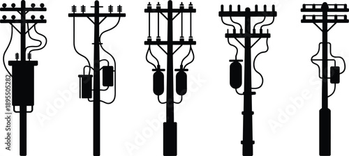 Collection of five distinct black silhouette utility poles with electrical transformers and insulators against a white background