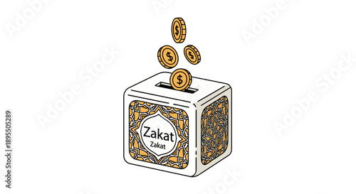 Coins being dropped into a Zakat box with intricate designs and patterns on a plain white background from a top-down viewpoint