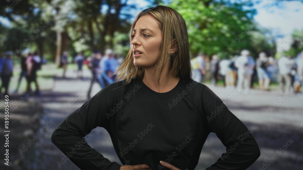 Fototapeta premium Young blonde woman standing with hands on hips squinting and pressing hand to stomach on street amid blurred crowd; frustration resolve.