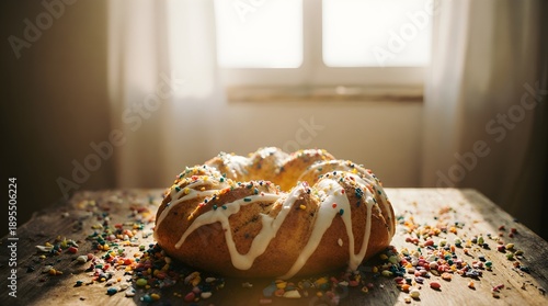 Traditional Easter paska bread with white icing and colorful sprinkles on rustic wooden table in cozy home daylight