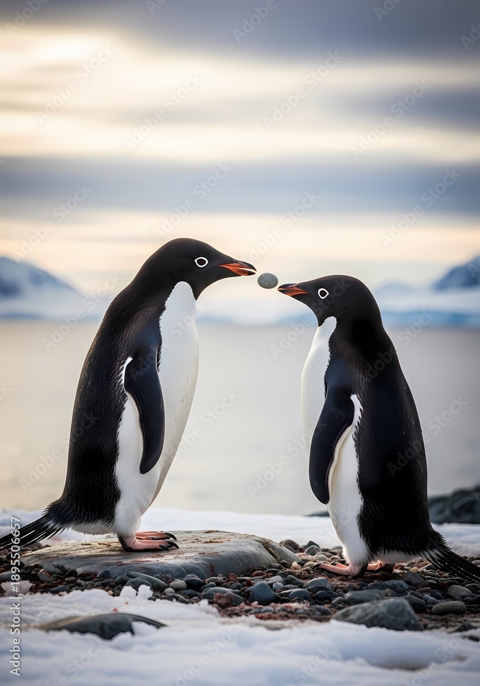 Obraz premium Adélie Penguins Courtship Ritual with Pebble Gift