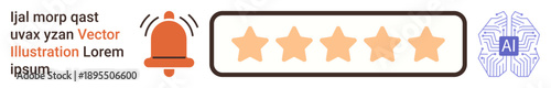 Feedback systems, customer satisfaction, digital notifications, AI technology, online reviews, user experience. A bell icon with stars and AI icon. Feedback systems and customer satisfaction concept