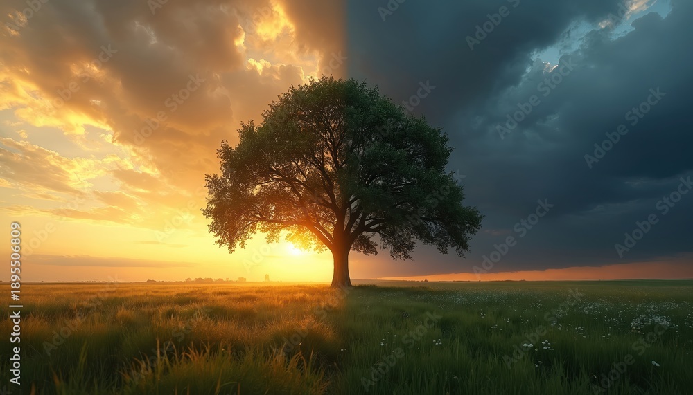Fototapeta premium Tree stands split between bright sunlit day and dark stormy night. Represents balance day and night equal time celestial event. Harmony change season.