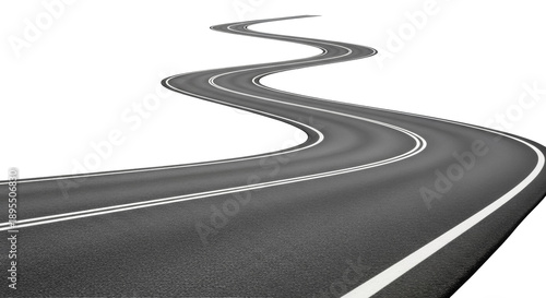 Foto Winding asphalt road isolated PNG, perspective view with white lane markings, tr