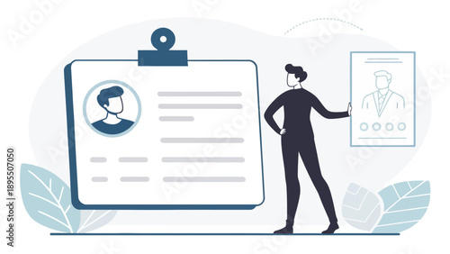 Business profile and identity card illustration with a man standing next to a large ID card, representing employee verification and personal data management