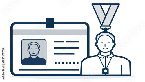 Lanyard ID card with portrait illustration, representing event access, employee identification and visitor pass for security and recognition
