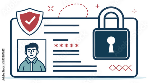 Secure identification card illustration featuring a locked padlock icon, checkmark, and user profile for data privacy and access control concepts