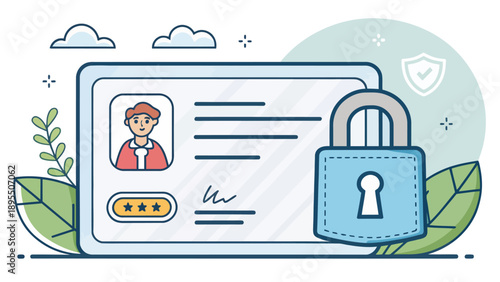 Secure digital identity card illustration with padlock and rating stars, symbolizing online security, privacy and personal data protection