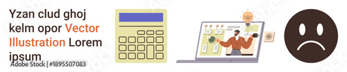 Business planning, financial management, time management, productivity, emotions, online tools. Image features a calculator, laptop displaying a planner and a sad face. Business planning