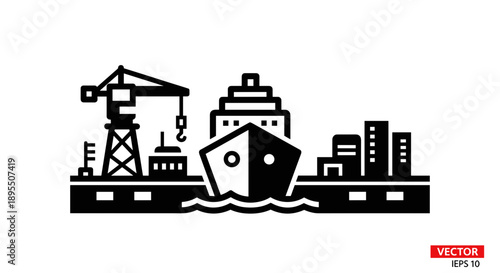 Industrial Port Scene with Ship and Crane Icon.