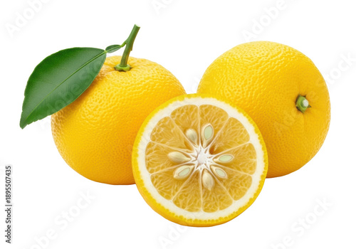 Three fresh yellow yuzu fruits, two whole (one with leaf), one half revealing its cut interior, on a transparent background with copy space, concept of natural freshness