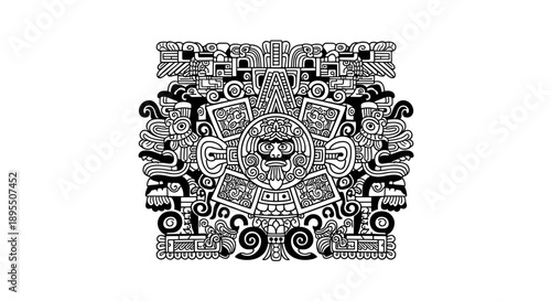 Intricate Aztec Sun Stone Calendar Symbol Illustration.