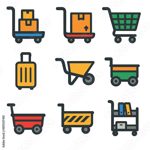 Colorful set of shopping and luggage cart icons on gradient background