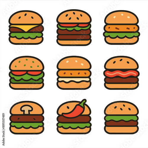 Colorful cartoon burgers collection with toppings and ingredients variety