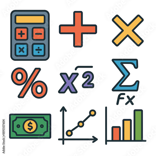 Colorful mathematical icons: calculator, graph, and symbols