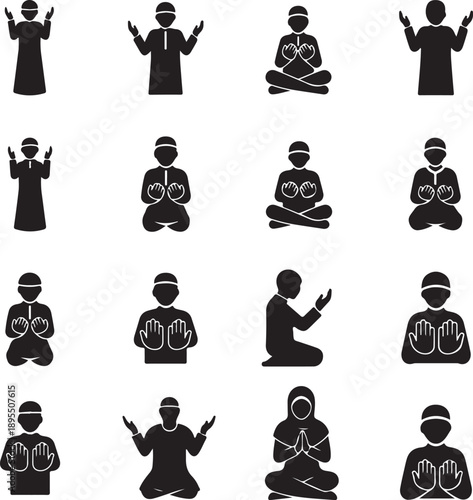 Ramadan Prayer Silhouette Icons Set of Muslim People in Worship Poses Art and  Illustration