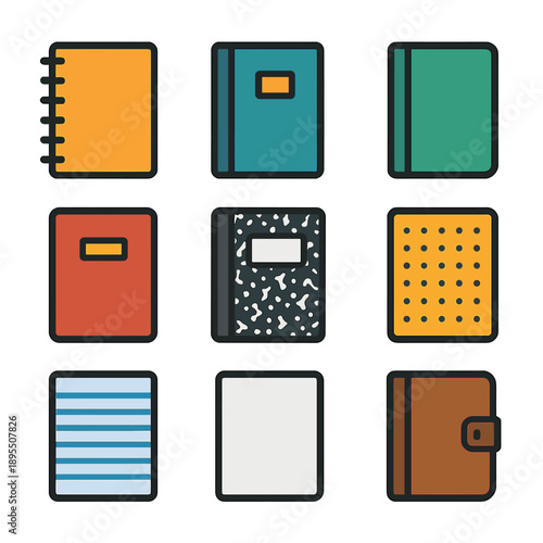 Set of illustrated notebooks in various styles and colors