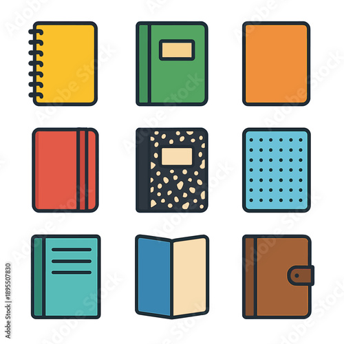Colorful assorted notebooks with unique covers and patterns
