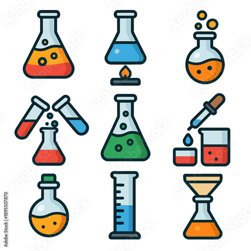 Colorful laboratory equipment icons set with beakers and flasks