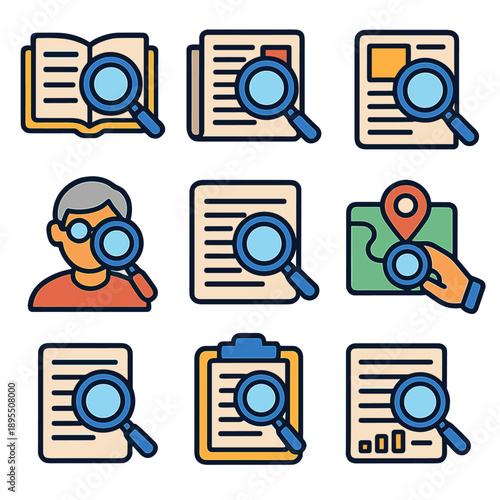 Magnifying glass icons with documents, map, and person for research concepts