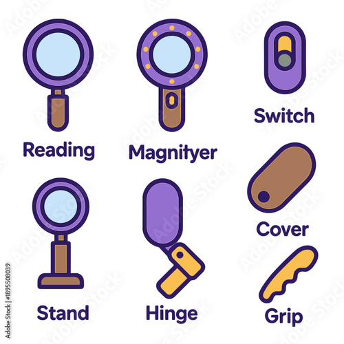 Icon set featuring magnifier design for reading and utility functions
