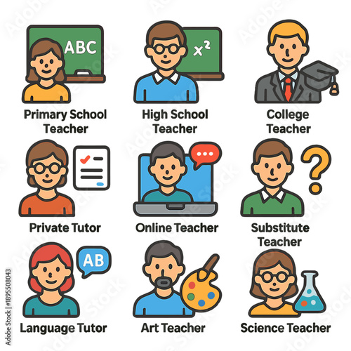 Educational roles icon set: diverse teaching professions and learning styles