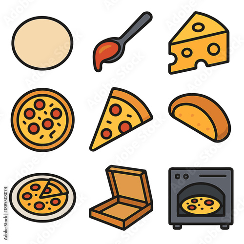 Pizza making process illustrated with various ingredients and cooking stages