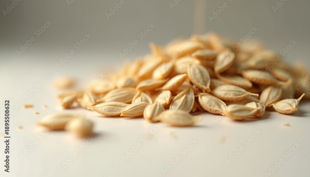 Obraz premium Pile of light beige pumpkin seeds on white surface. Close up macro view shows seed texture and shape. Seeds are light brown and oval with ribbed surface.