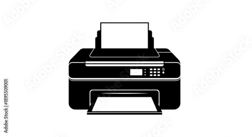 Modern Black Printer with Paper Output and Input Tray.