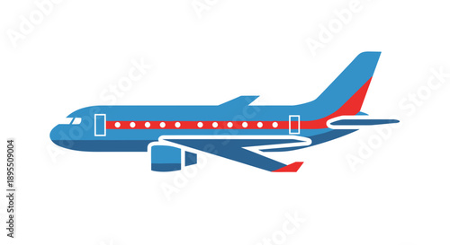 Modern Blue Airplane with Red Accents Flying.