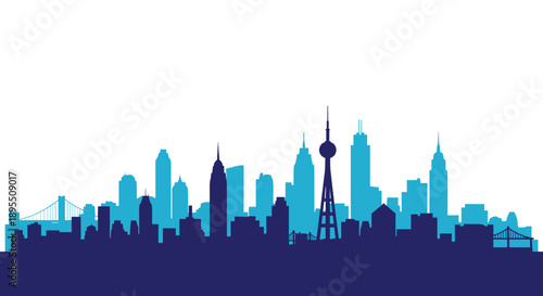 Modern City Skyline Silhouette with Blue and Purple Tones.