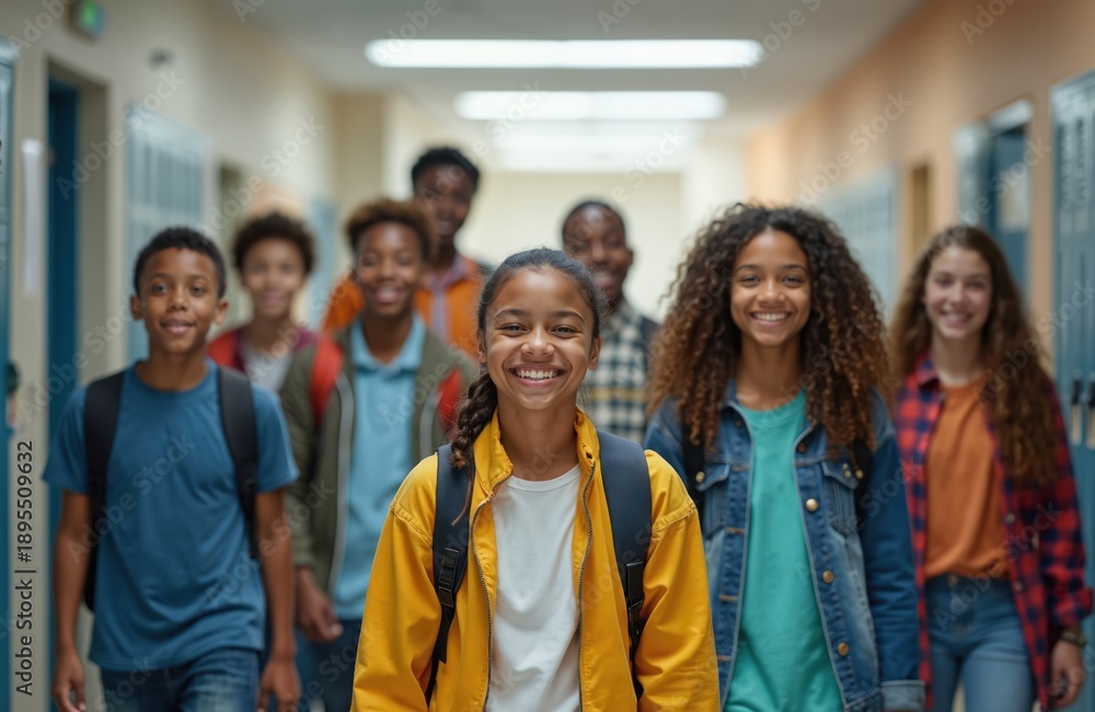 Obraz premium Diverse group of smiling school students walk down a bright hallway. Kids with backpacks are heading to class. Young people show friendship and unity. Education and learning environment.