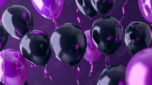 Glossy black and purple balloons cluster on purple background for party celebration design