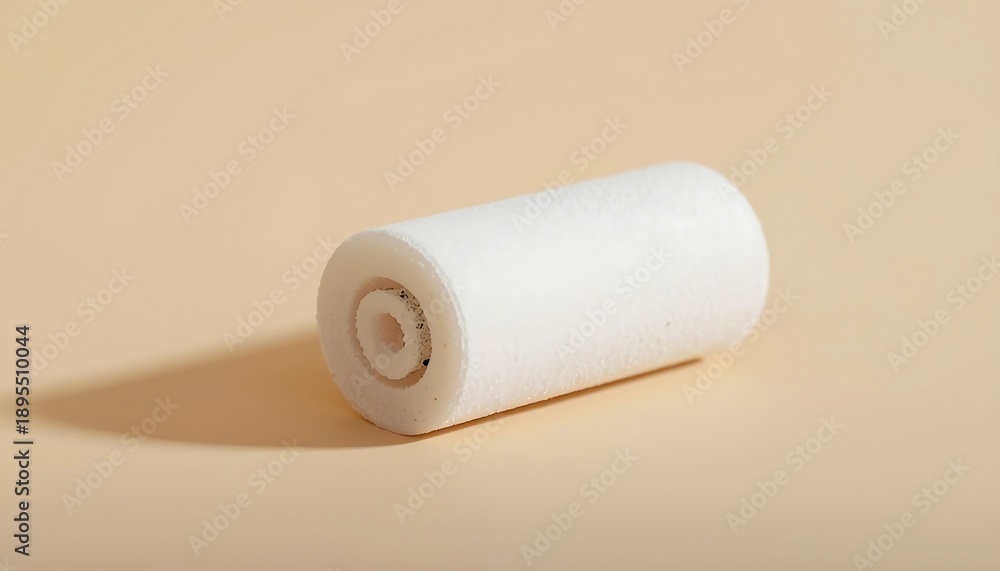 Fototapeta premium A white cylindrical foam roller with a central hole, isolated and casting a soft shadow on a beige background.