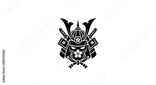 Samurai Warrior Helmet Emblem with Swords and Flowers.