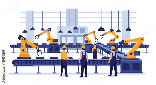 Modern vector illustration of a manufacturing factory with assembly lines, robotic arms, and safety workers, representing automation, productivity, and industrial efficiency