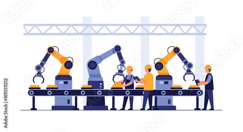 Modern vector illustration of a manufacturing factory with assembly lines, robotic arms, and safety workers, representing automation, productivity, and industrial efficiency