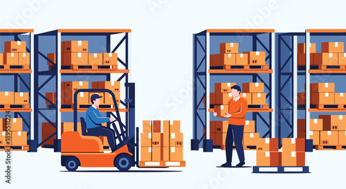 Modern vector illustration of a logistics warehouse with forklifts, shelves, and workers handling packages, symbolizing supply chain management and delivery efficiency