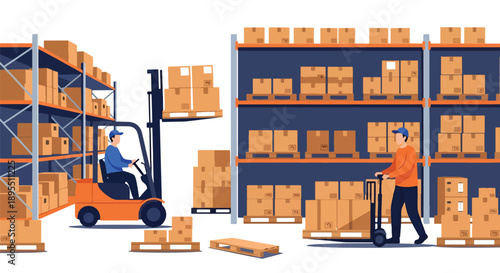 Modern vector illustration of a logistics warehouse with forklifts, shelves, and workers handling packages, symbolizing supply chain management and delivery efficiency