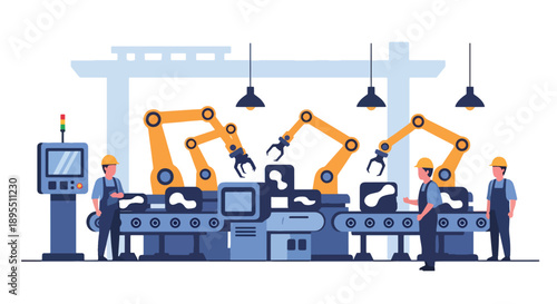 Modern vector illustration of a manufacturing factory with assembly lines, robotic arms, and safety workers, representing automation, productivity, and industrial efficiency