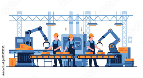 Modern vector illustration of a manufacturing factory with assembly lines, robotic arms, and safety workers, representing automation, productivity, and industrial efficiency