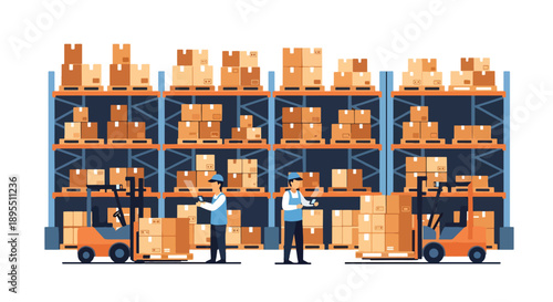 Modern vector illustration of a logistics warehouse with forklifts, shelves, and workers handling packages, symbolizing supply chain management and delivery efficiency