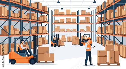 Modern vector illustration of a logistics warehouse with forklifts, shelves, and workers handling packages, symbolizing supply chain management and delivery efficiency