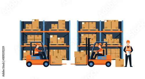 Modern vector illustration of a logistics warehouse with forklifts, shelves, and workers handling packages, symbolizing supply chain management and delivery efficiency