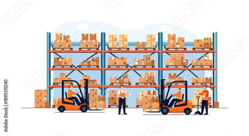 Modern vector illustration of a logistics warehouse with forklifts, shelves, and workers handling packages, symbolizing supply chain management and delivery efficiency