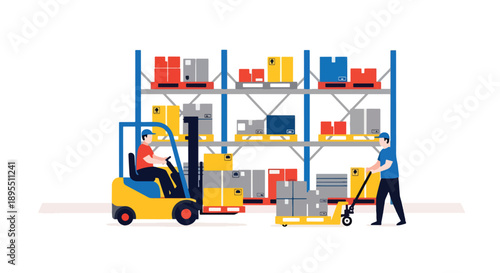 Modern vector illustration of a logistics warehouse with forklifts, shelves, and workers handling packages, symbolizing supply chain management and delivery efficiency
