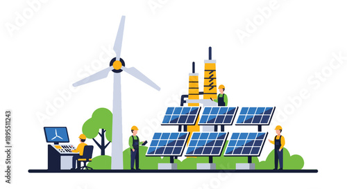Modern vector illustration of renewable energy plant with solar panels and wind turbines, highlighting sustainable power generation and green industrial technology