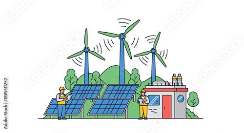 Modern vector illustration of renewable energy plant with solar panels and wind turbines, highlighting sustainable power generation and green industrial technology