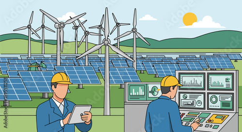 Modern vector illustration of renewable energy plant with solar panels and wind turbines, highlighting sustainable power generation and green industrial technology